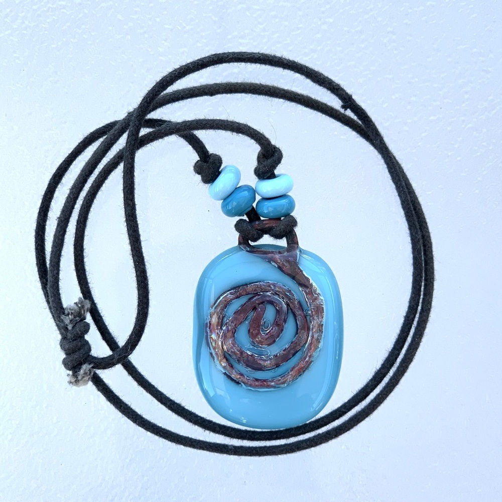 Blue Studio Art Glass Swirl Design Pendant Adjustable Cord Necklace - Picture 5 of 5